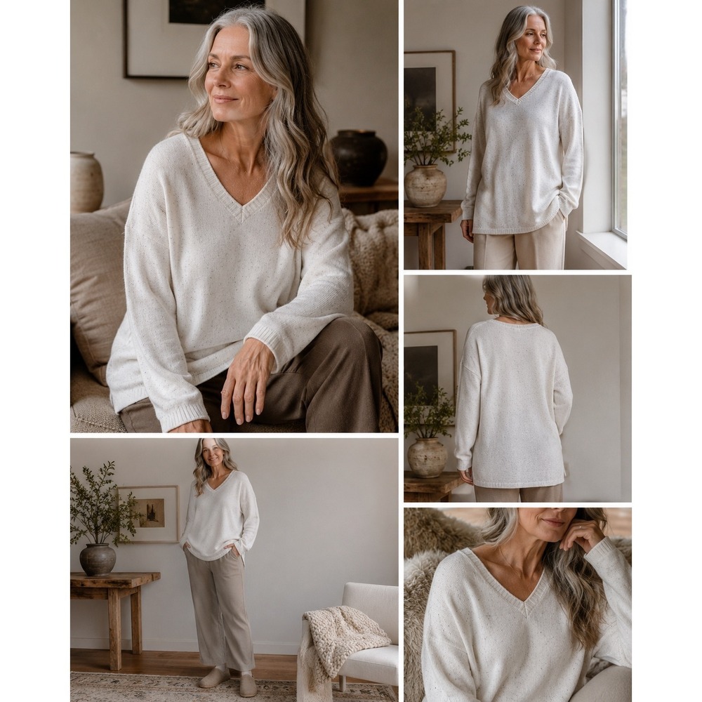 Pure Jill V-Neck Sweater Women Size M Cream Speckled Excellent Relaxed Knit